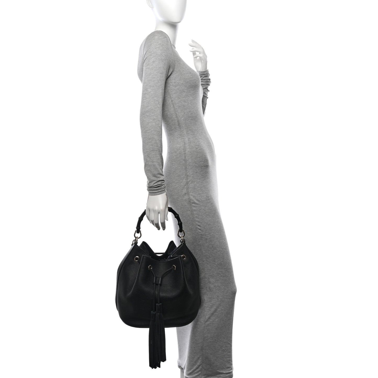 Pebbled Calfskin Miss Bamboo Bucket Bag Black
