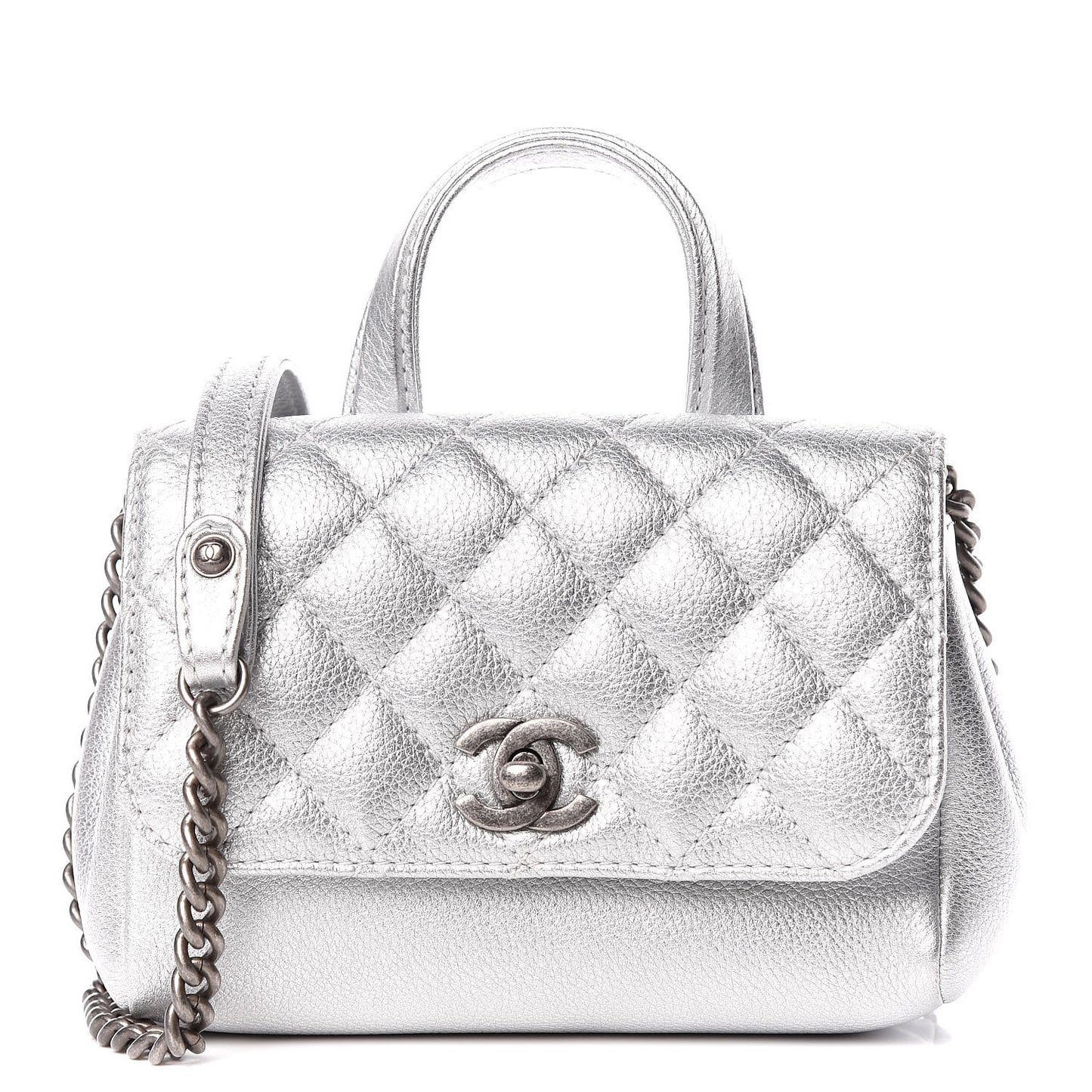 Metallic Calfskin Quilted Small Pilot Essentials Flap Silver