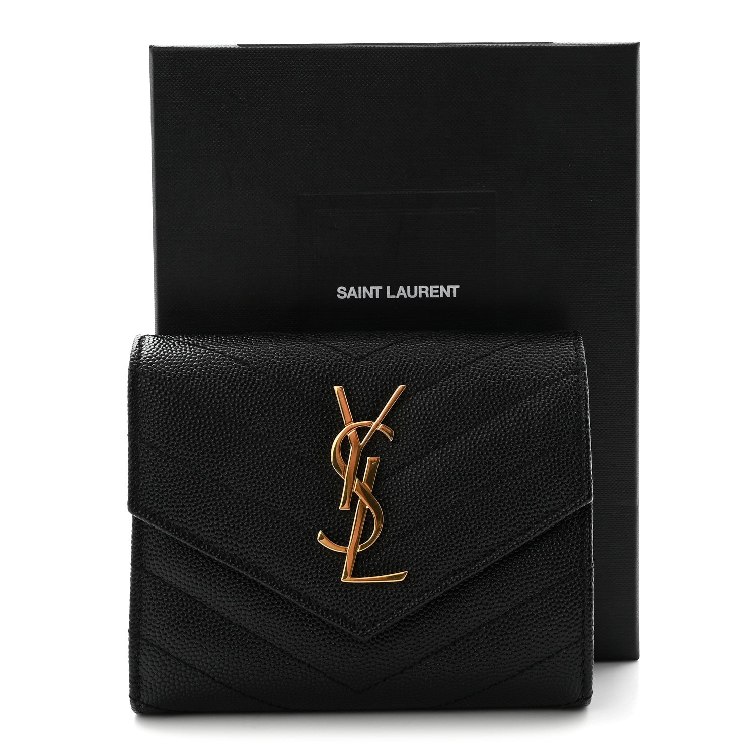 Saint Laurent Grain De Poudre Matelasse Chevron Monogram Compact Tri Fold Wallet Black 7 of 7