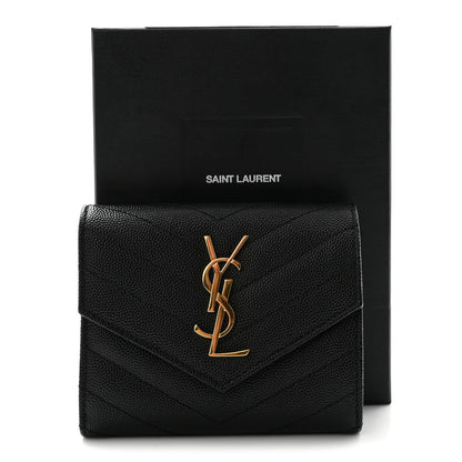 Saint Laurent Grain De Poudre Matelasse Chevron Monogram Compact Tri Fold Wallet Black 7 of 7