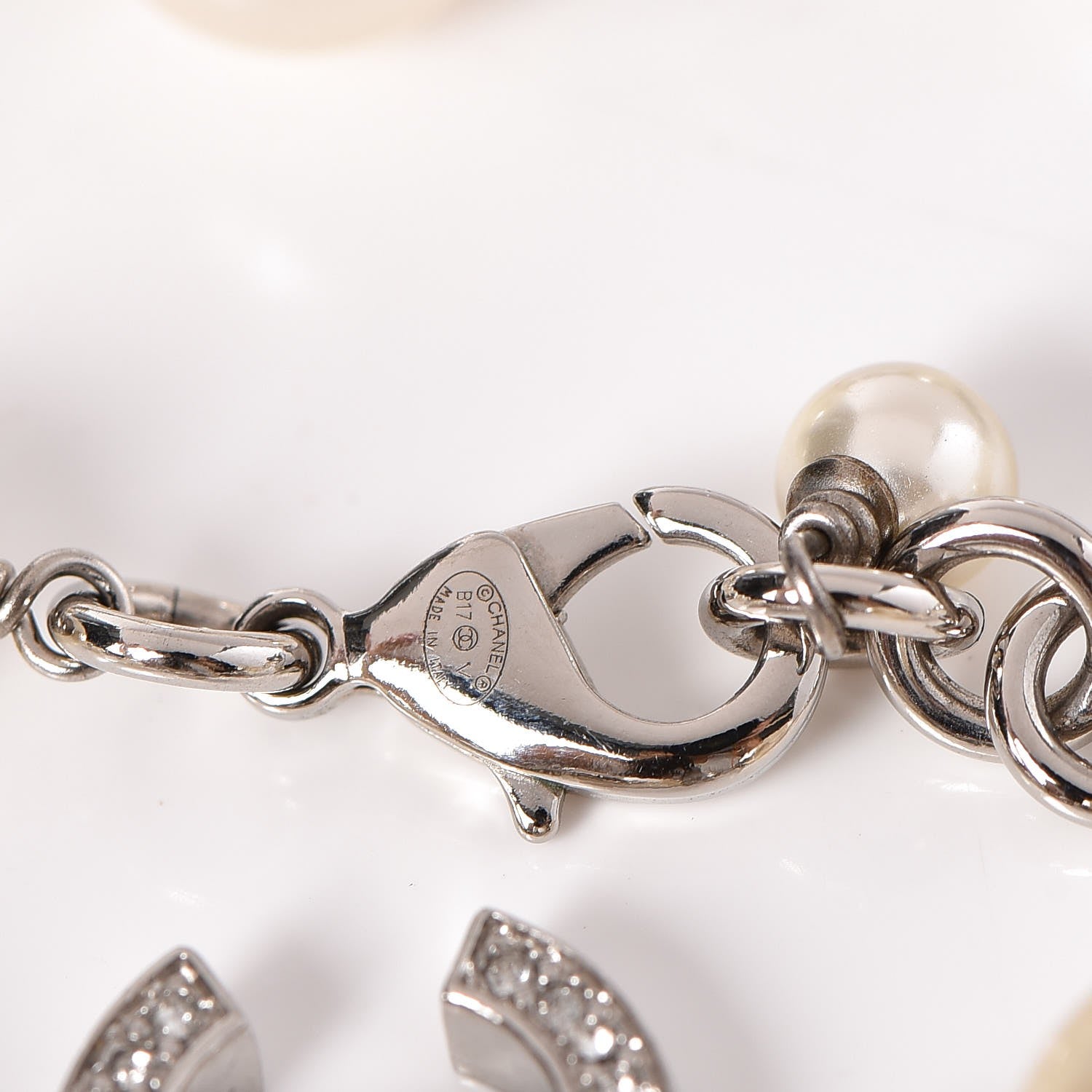 Chanel Crystal Pearl CC Long Necklace Silver 5 of 6
