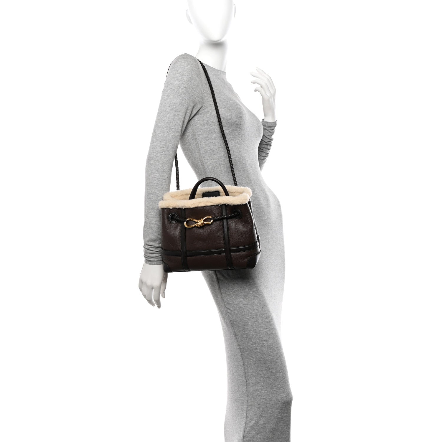 Bottega Veneta Shearling Aviator Small Andiamo Shoulder Bag Brown 2 of 9