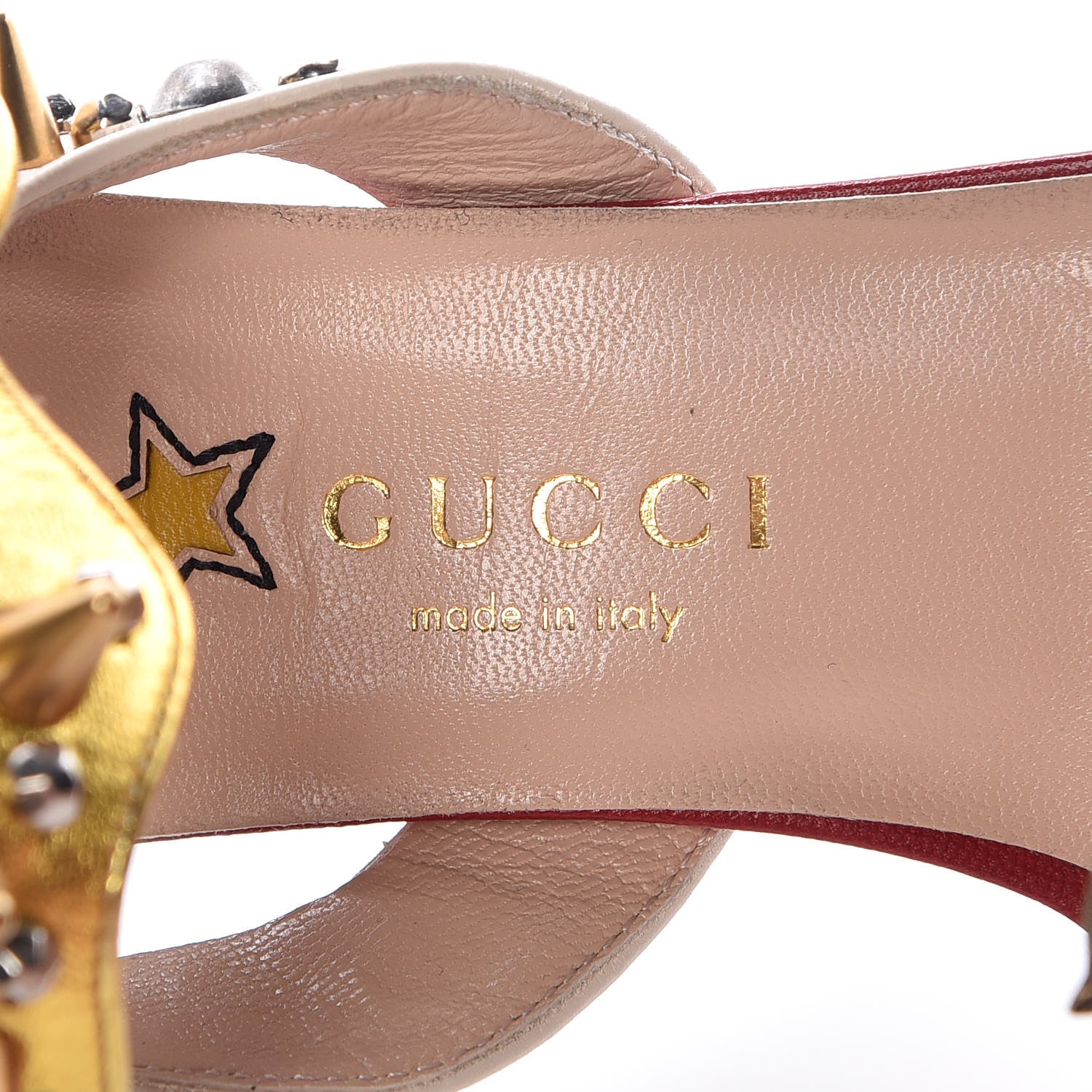 Gucci Metallic Malaga Kid Malin Embellished Studded Sandals 35 Hibiscus Red Blue Gold 6 of 8