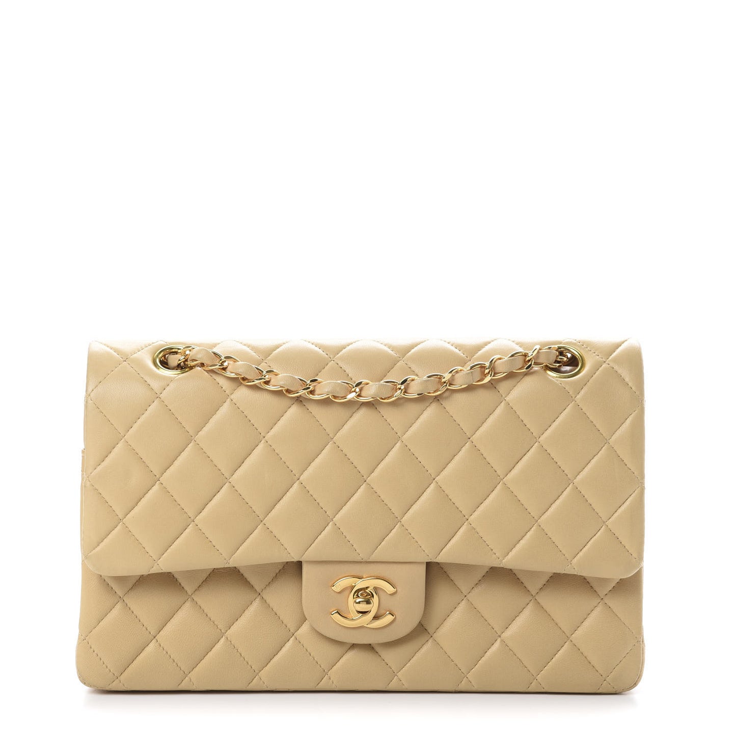 Lambskin Quilted Medium Double Flap Beige