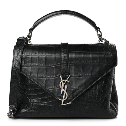 Saint Laurent Calfskin Crocodile Embossed College Monogram Satchel Black 1 of 8