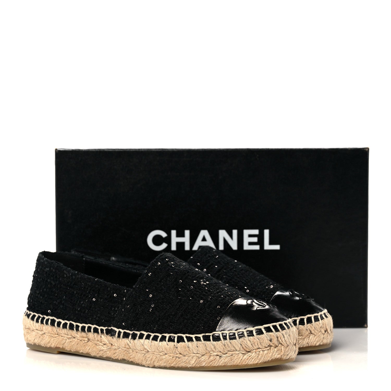 Chanel Tweed Patent Goatskin Sequin CC Espadrilles 37 Black 8 of 8
