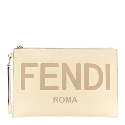 Fendi Vitello King Logo Embossed Large Flat Pouch White Ice 1 of 8