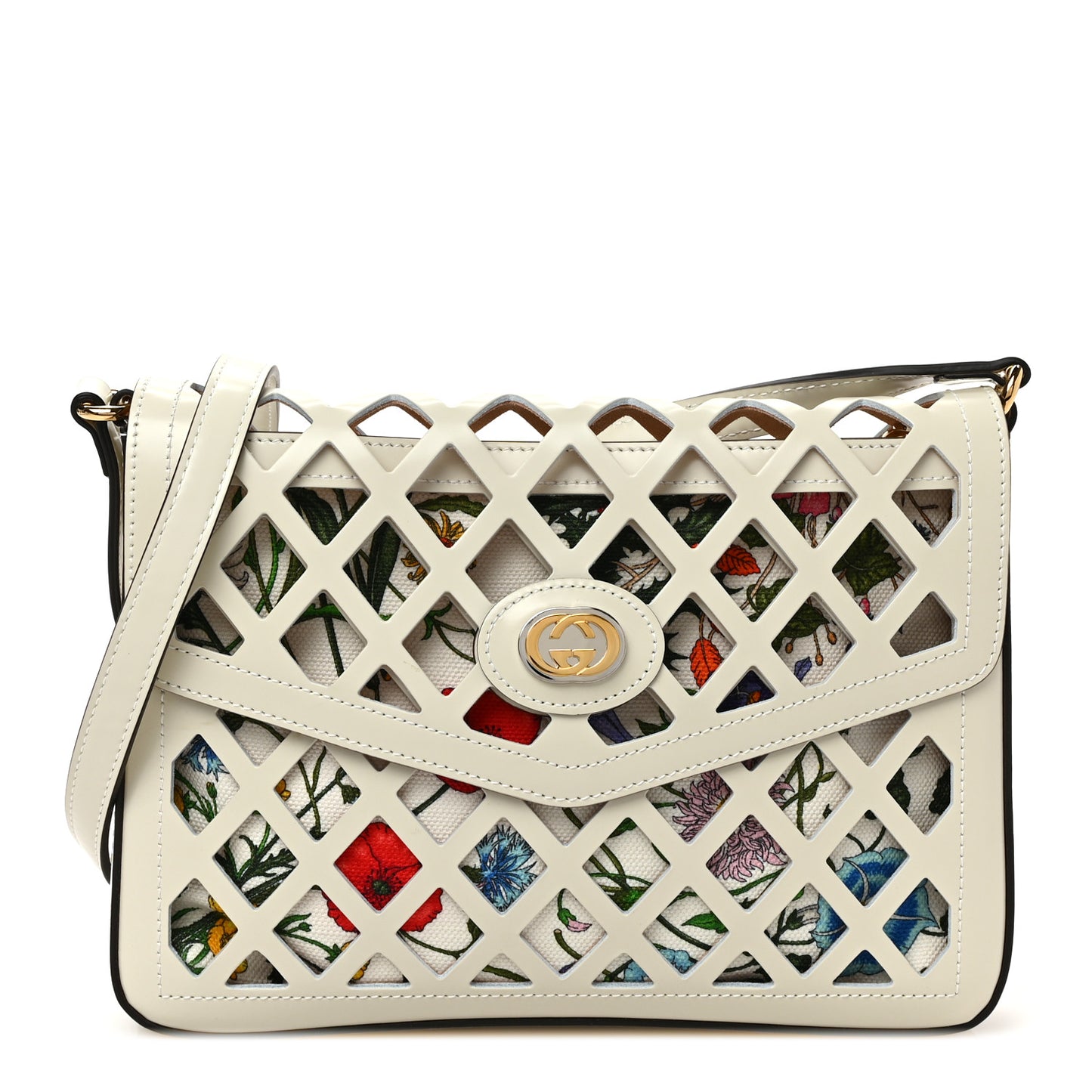 Canvas Flora Floral Calfskin Medium Cutout Shoulder Bag White Multicolor