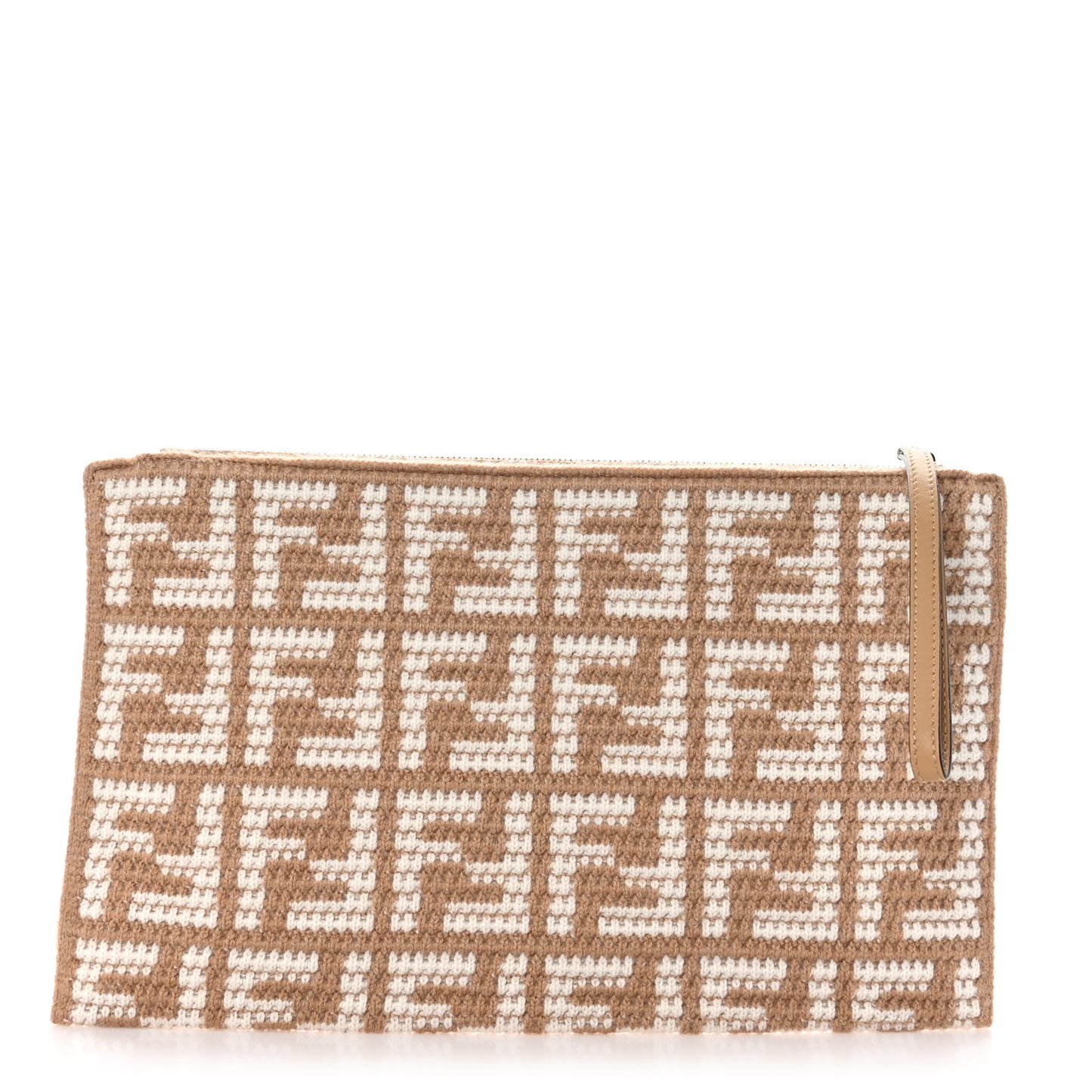 Fabric Calfskin FF Woven Large Flat Pouch Cammello