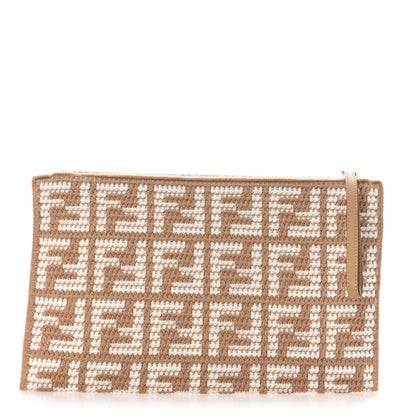 Fendi Fabric Calfskin FF Woven Large Flat Pouch Cammello 1 of 8