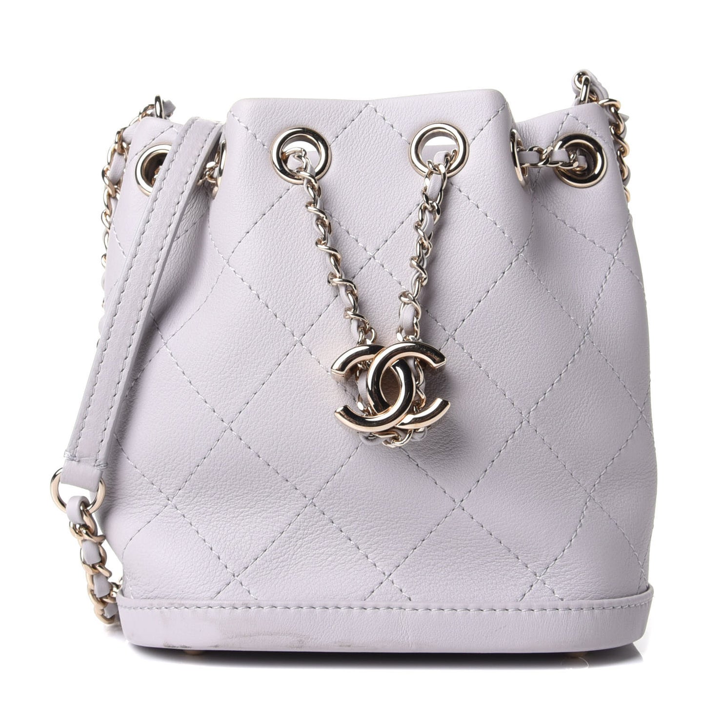 Calfskin Stitched Chain Bucket Bag Light Grey