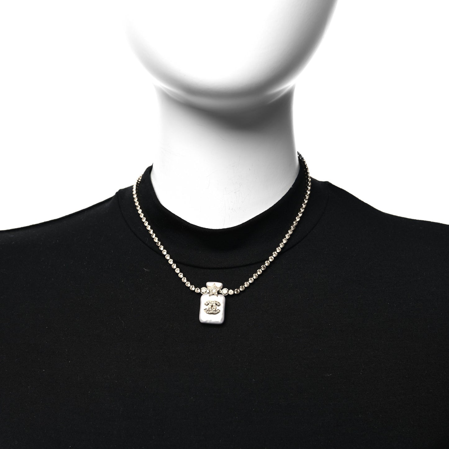 Pearl Resin Crystal CC Perfume Bottle Necklace Gold Pearly White