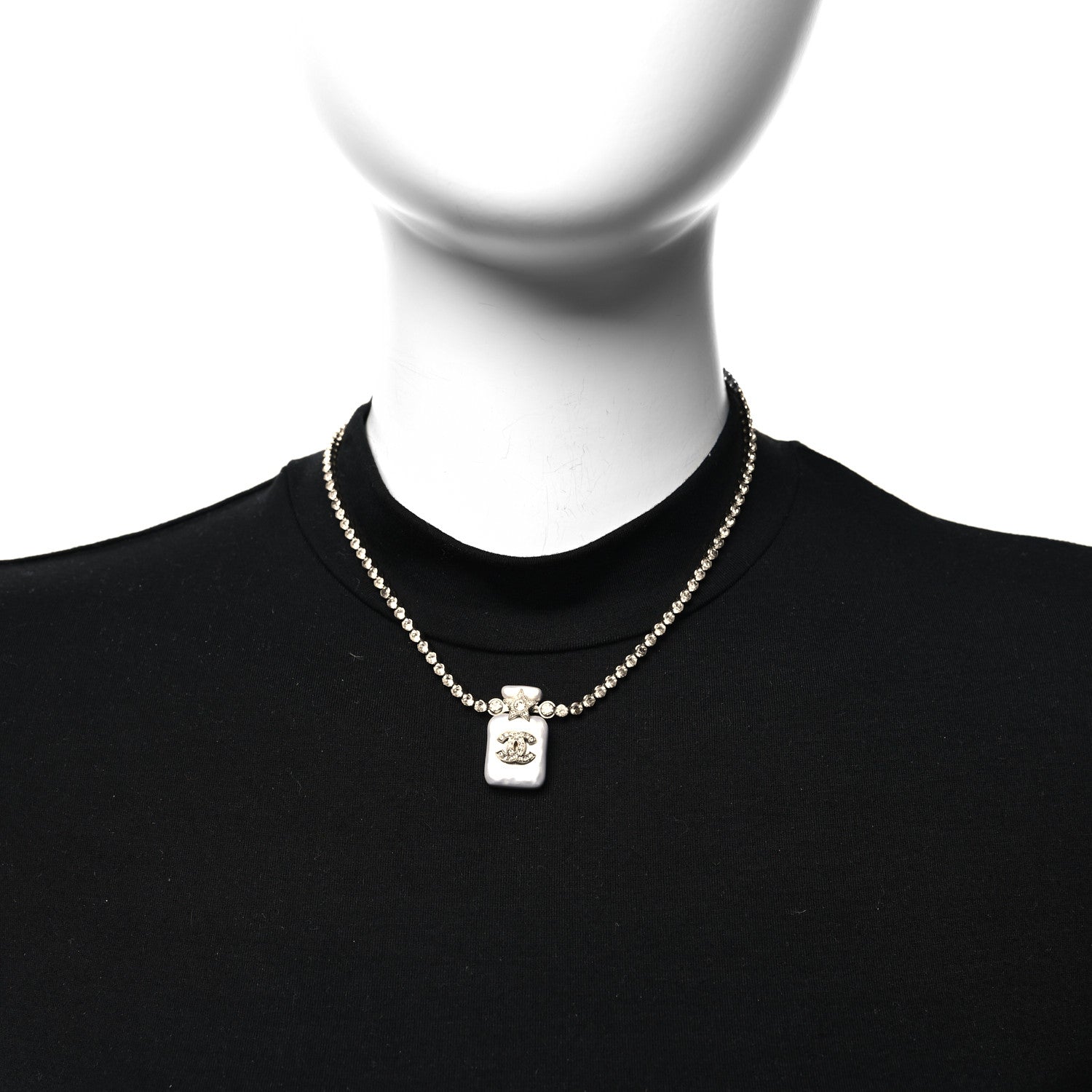 Chanel Pearl Resin Crystal CC Perfume Bottle Necklace Gold Pearly White 2 of 5
