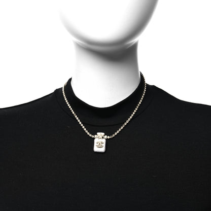Chanel Pearl Resin Crystal CC Perfume Bottle Necklace Gold Pearly White 2 of 5