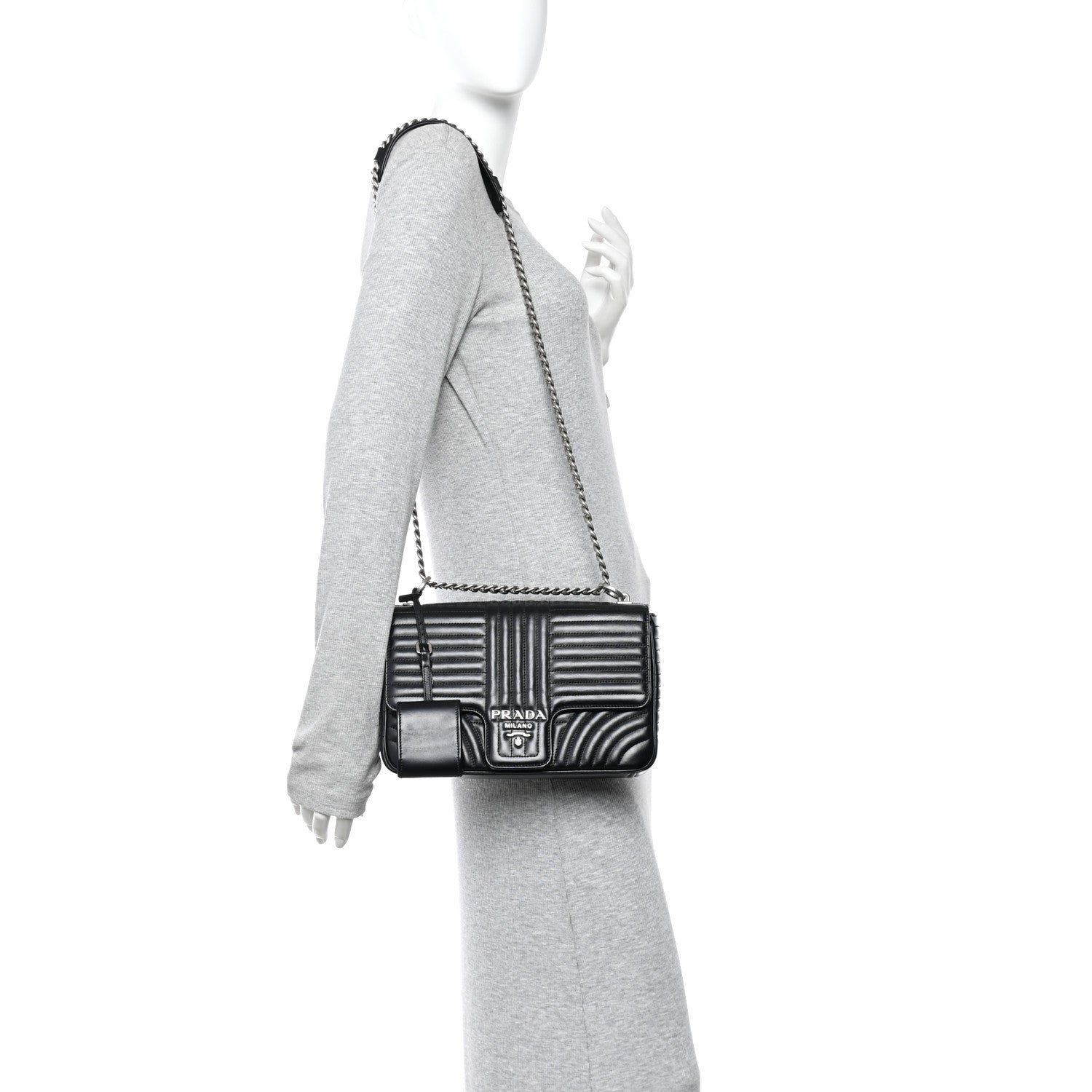 Prada Soft Calfskin Impunture Diagramme Large Chain Flap Shoulder Bag Black 2 of 9