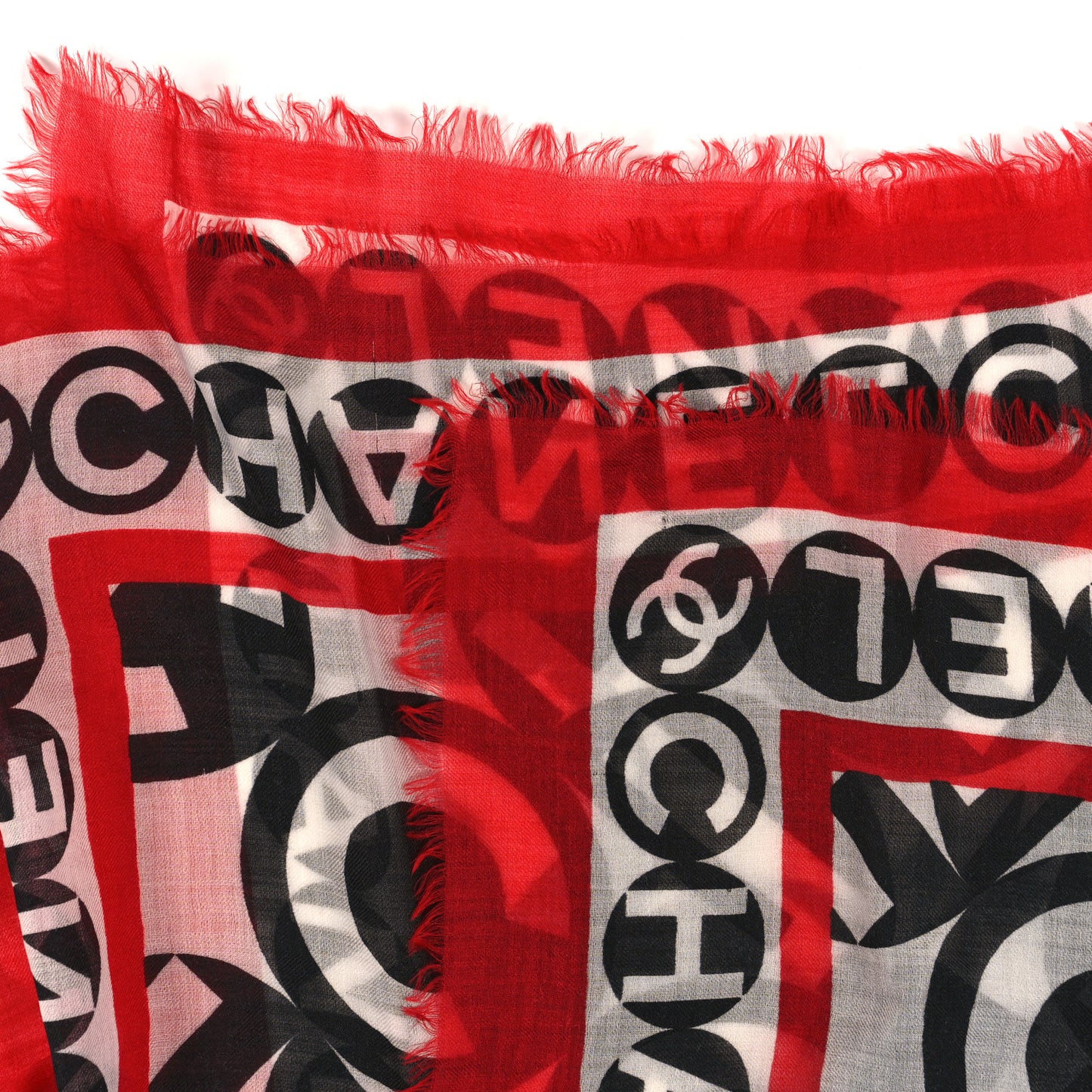 Cashmere Silk CC Logo Fringe Scarf White Black Red
