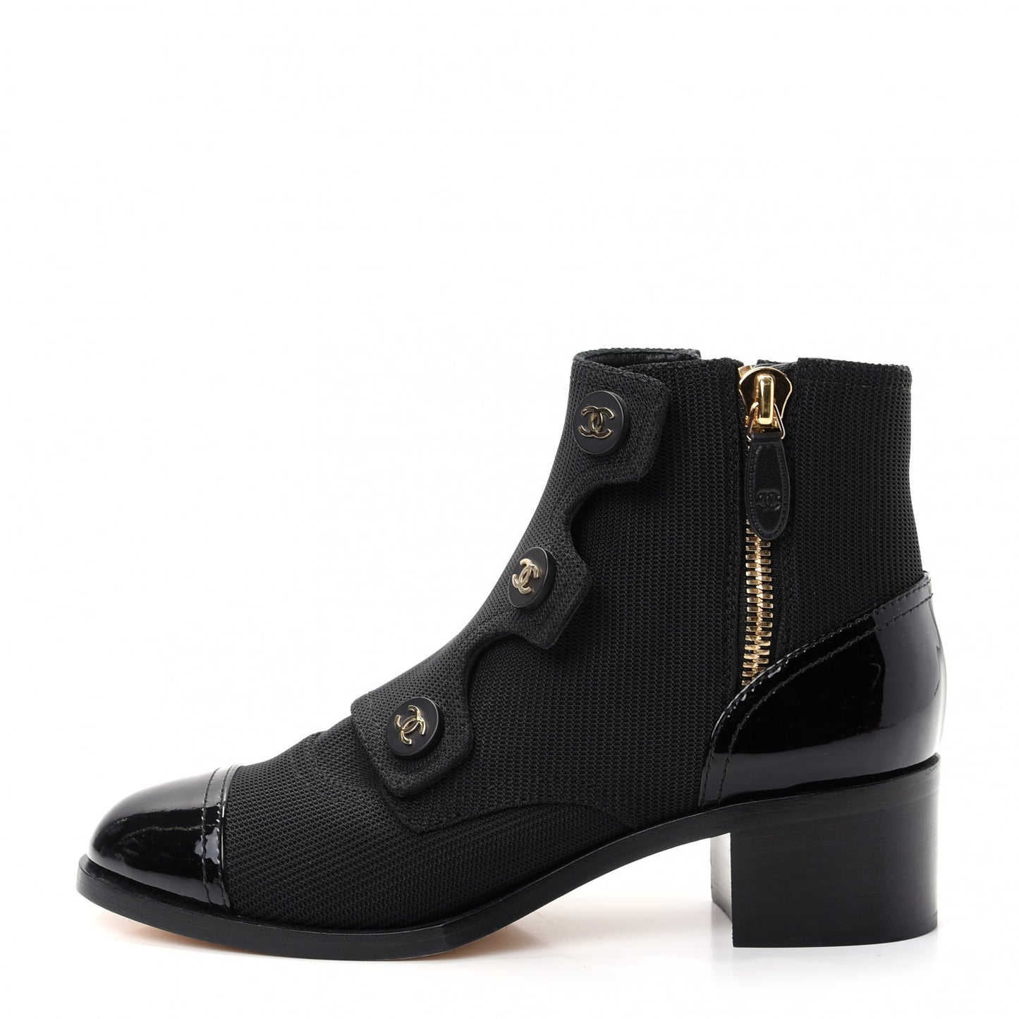 Knit Patent Calfskin Cap Toe Short Boots 37.5 Black