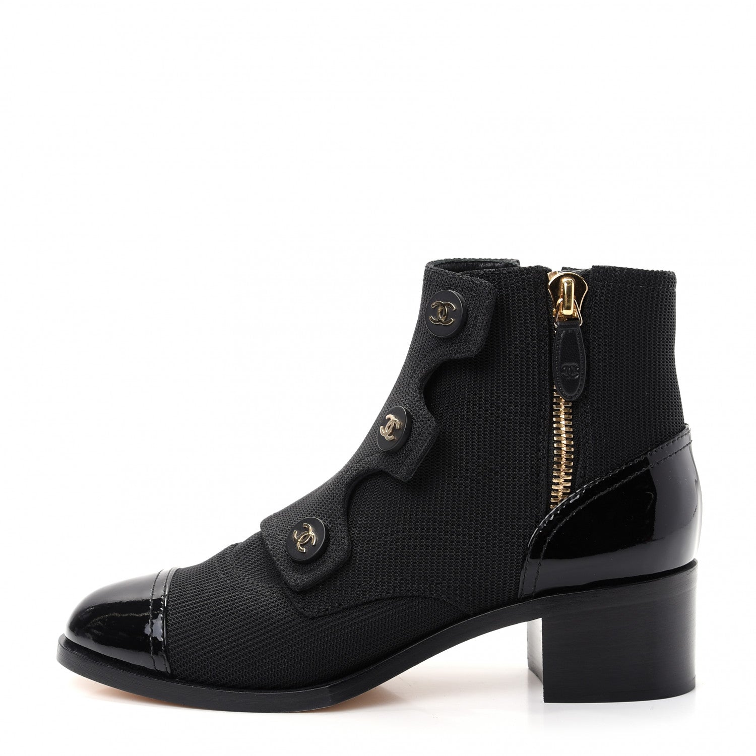 Chanel Knit Patent Calfskin Cap Toe Short Boots 37.5 Black 1 of 11