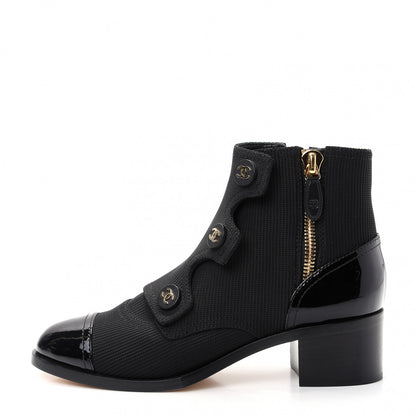 Chanel Knit Patent Calfskin Cap Toe Short Boots 37.5 Black 1 of 11
