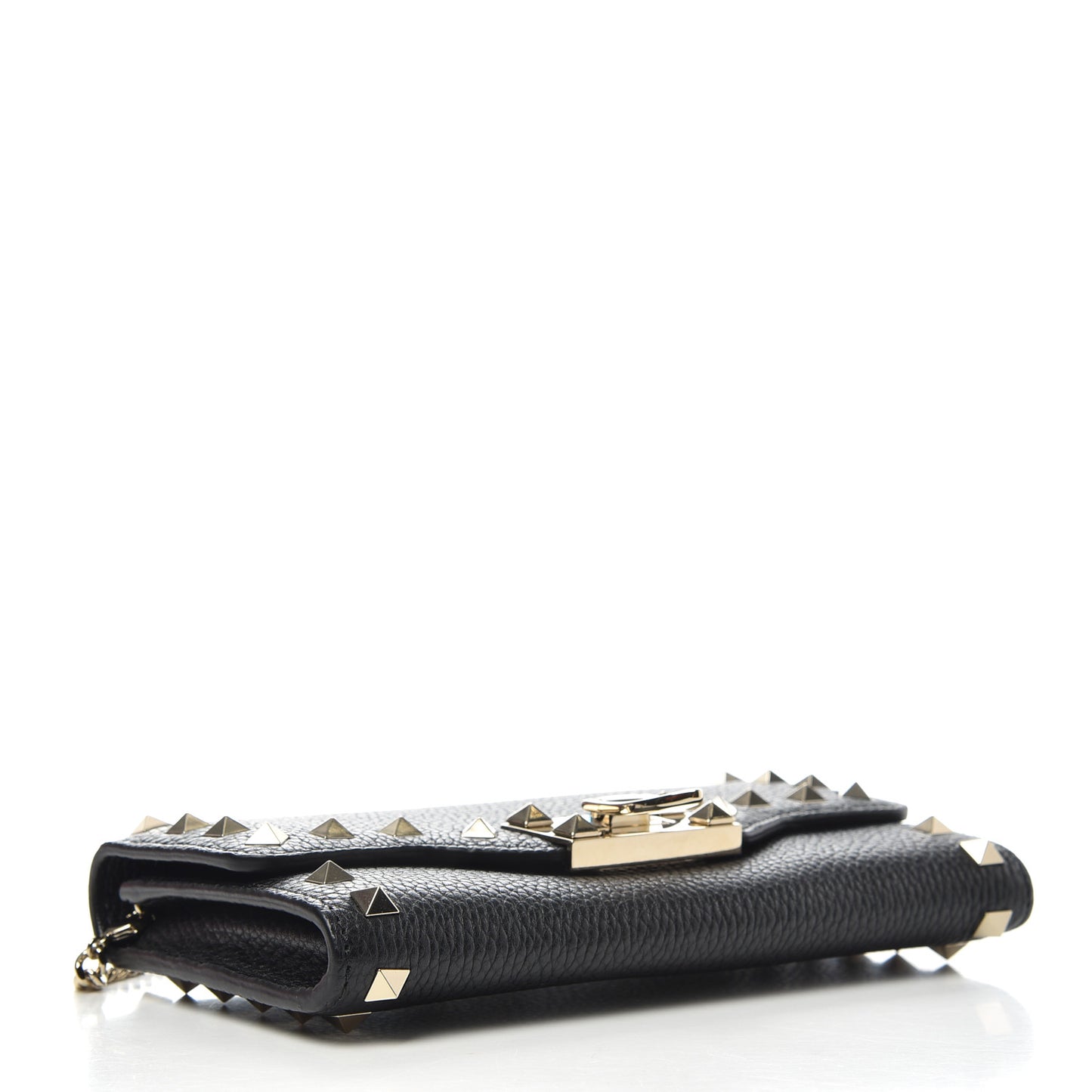 Pebbled Calfskin Rockstud Flip Lock Wallet On Chain Black