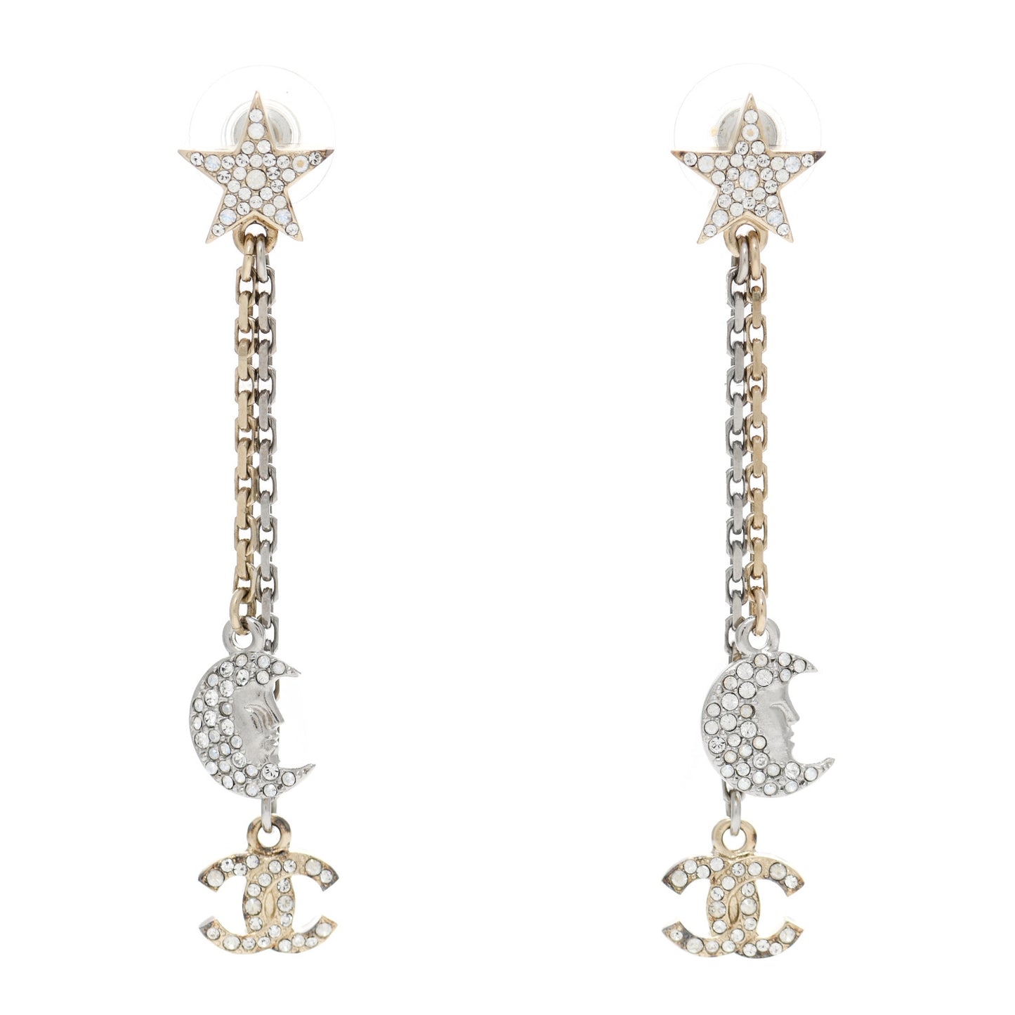 Crystal CC Star Moon Dangle Earrings Silver Gold