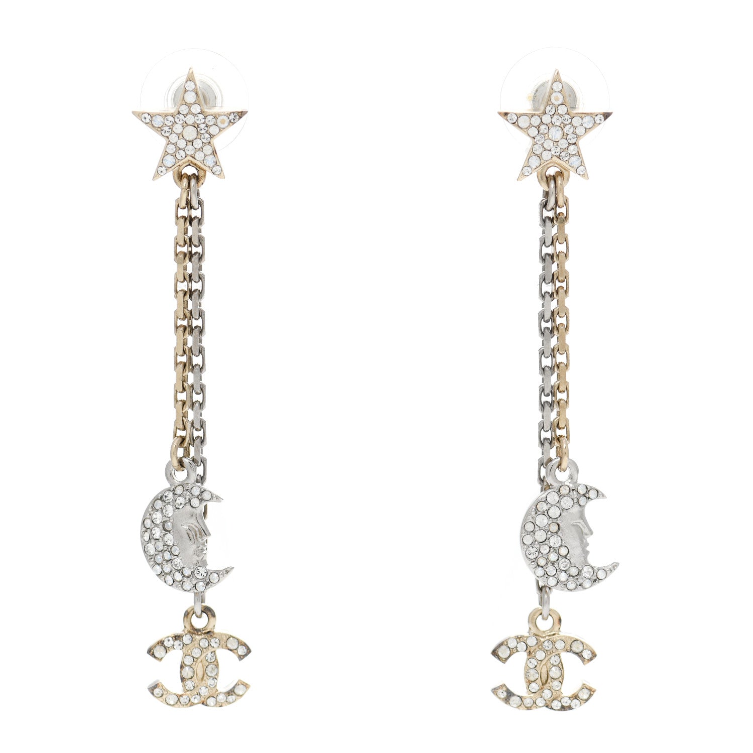 Chanel Crystal CC Star Moon Dangle Earrings Silver Gold 1 of 4