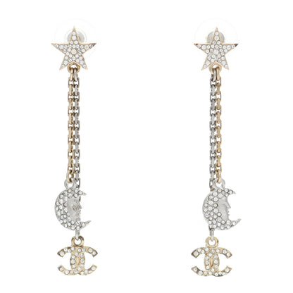 Chanel Crystal CC Star Moon Dangle Earrings Silver Gold 1 of 4