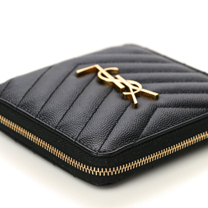 Saint Laurent Grain De Poudre Matelasse Chevron Monogram Compact Zip Around Wallet Black 10 of 21