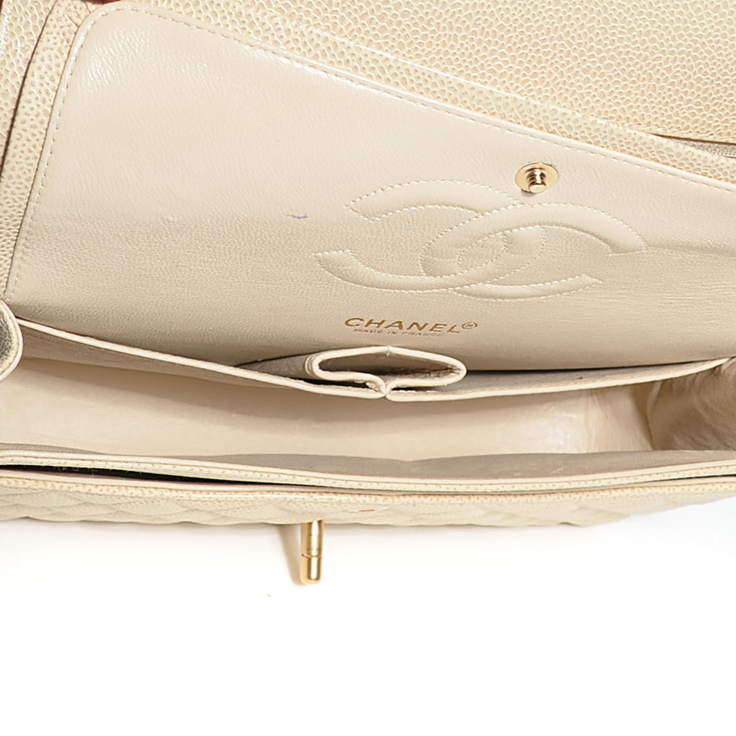 Caviar Quilted Medium Double Flap Beige Clair