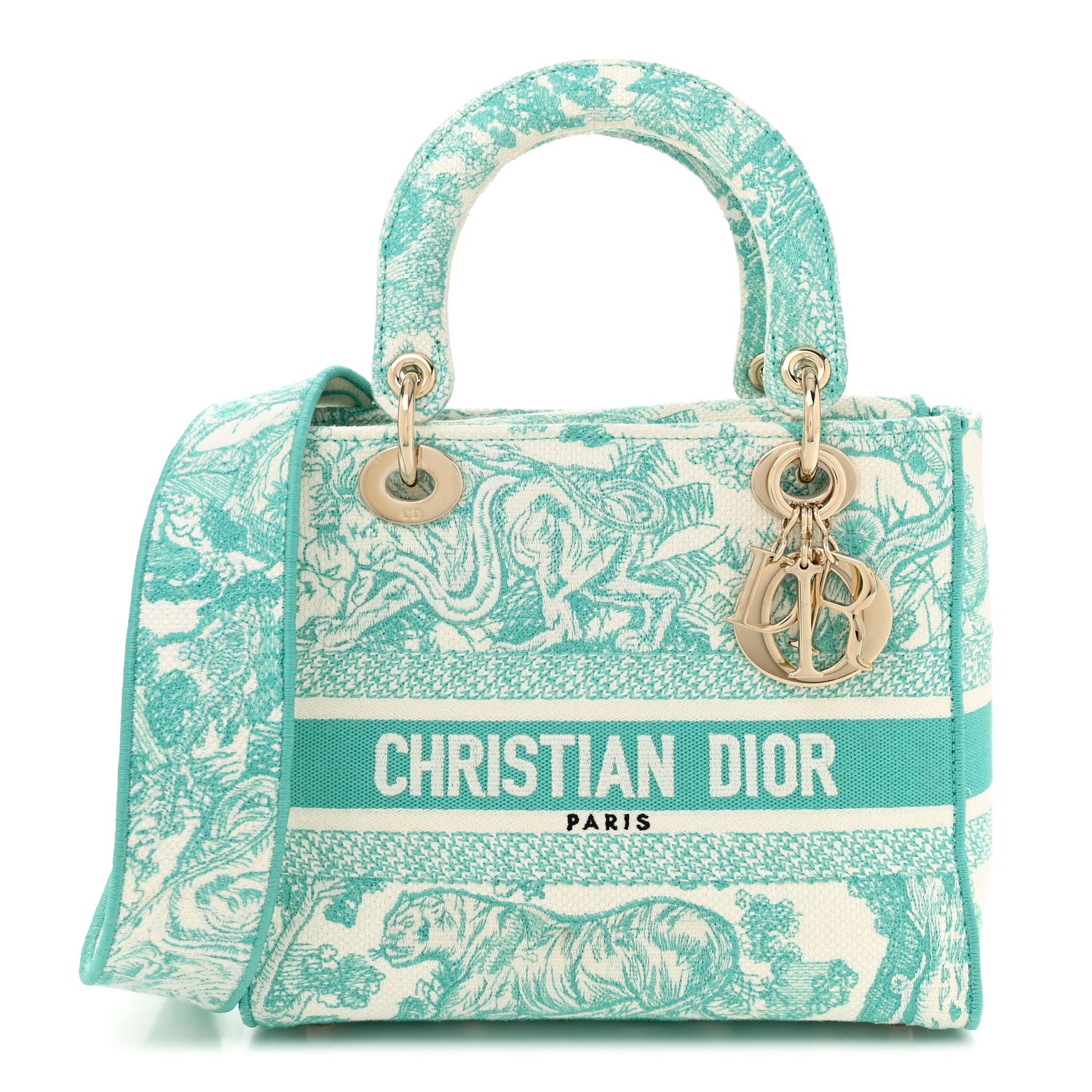 Christian Dior Canvas Toile De Jouy Embroidered Medium Lady D-Lite Aquamarina 1 of 10