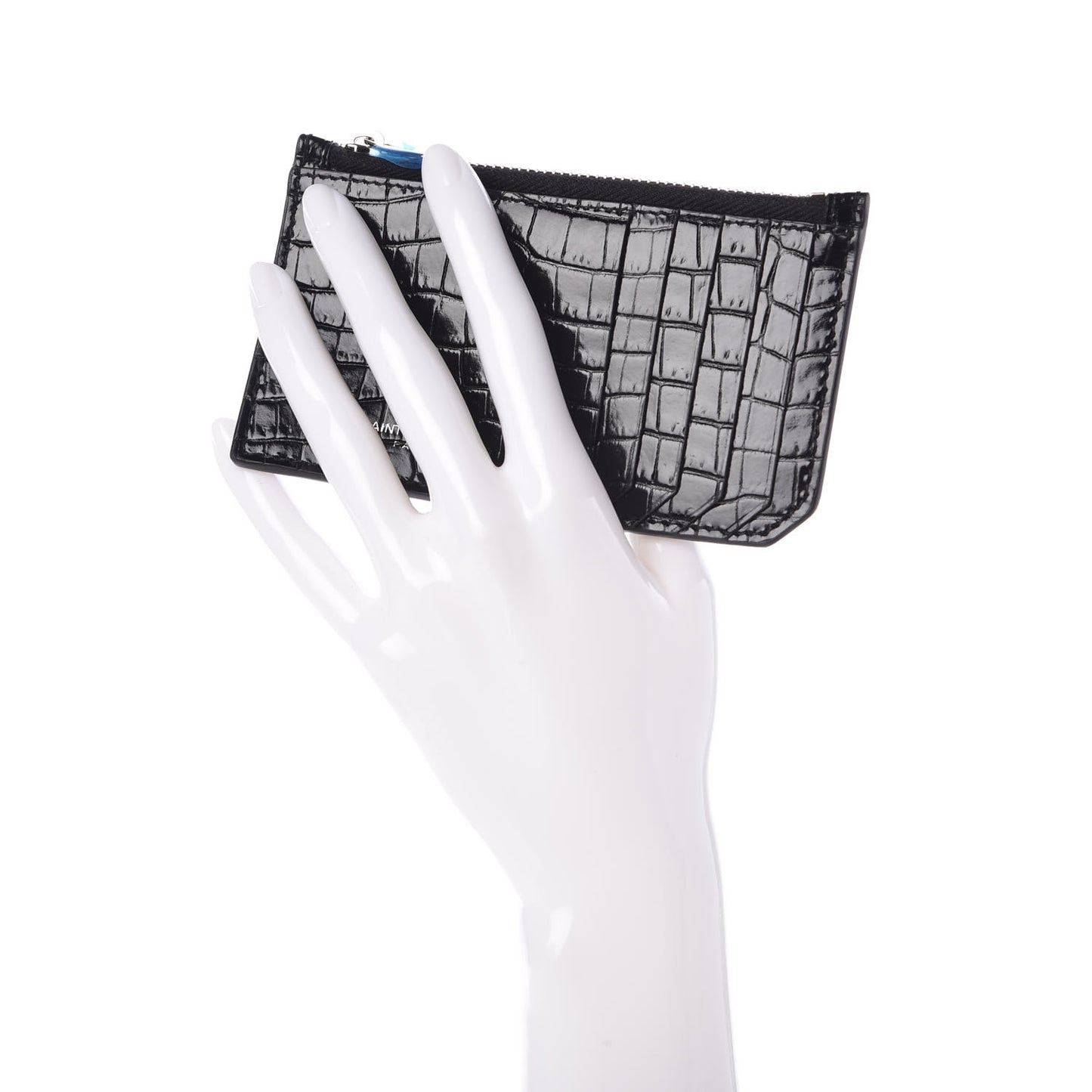 Calfskin Crocodile Embossed 5 Fragments Zip Pouch Card Holder Black