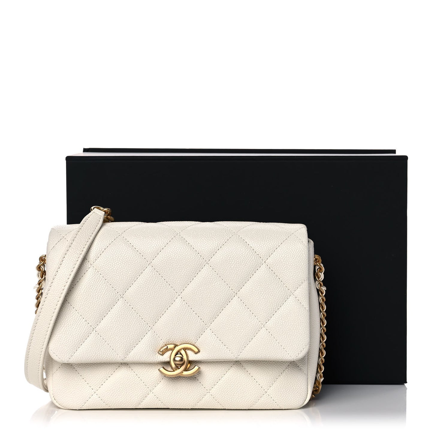 Shiny Caviar Quilted Small Chain Melody Flap White