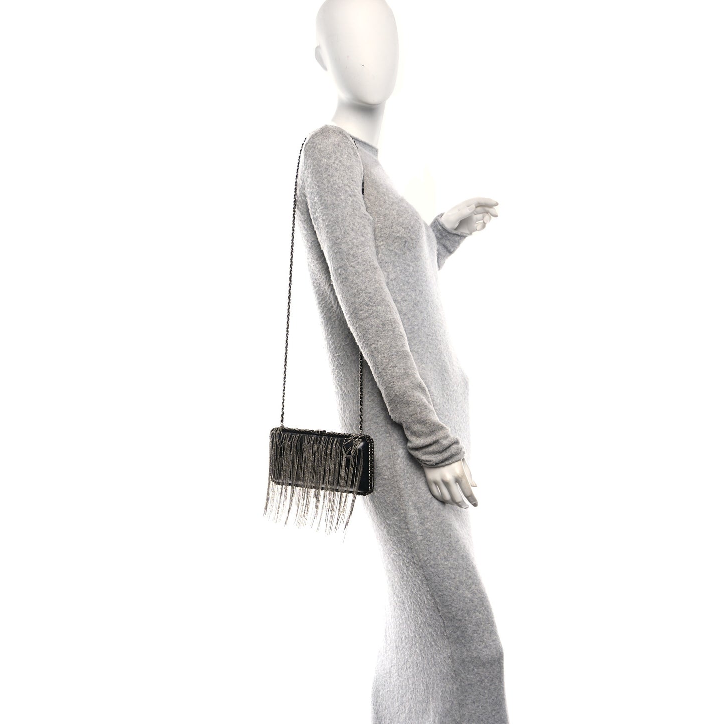 Lambskin Chain Fringe Clutch With Chain  Black