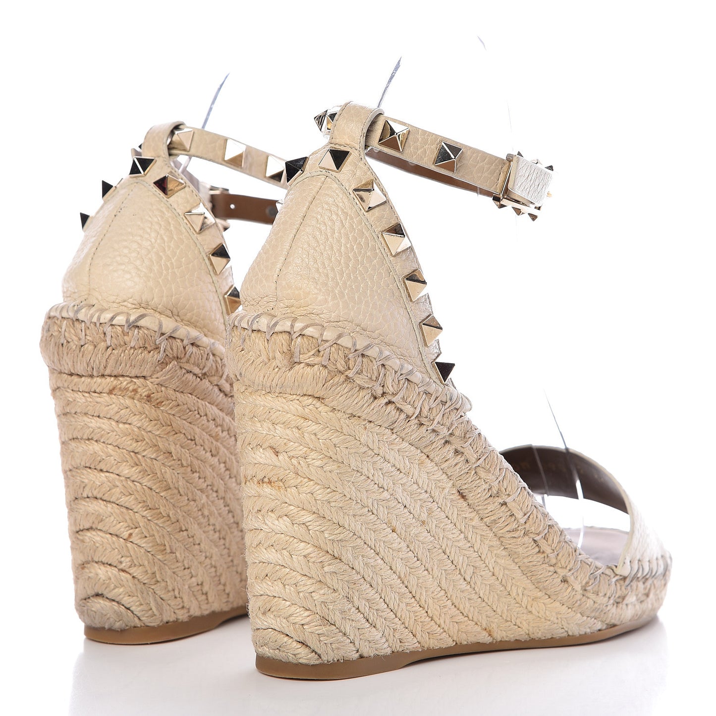 Grained Calfskin Rockstud Ankle Strap Espadrille 15/105mm Wedge Sandals 36 Light Ivory Natural