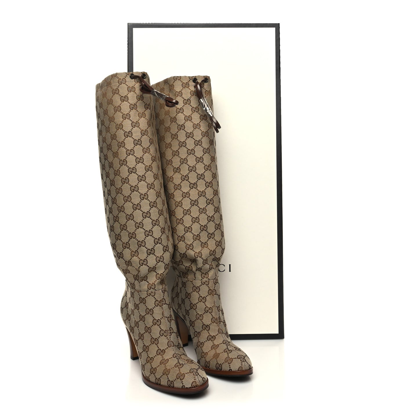 Monogram Malaga Kid Lisa Mid Heel Boots 38.5 Beige Ebony