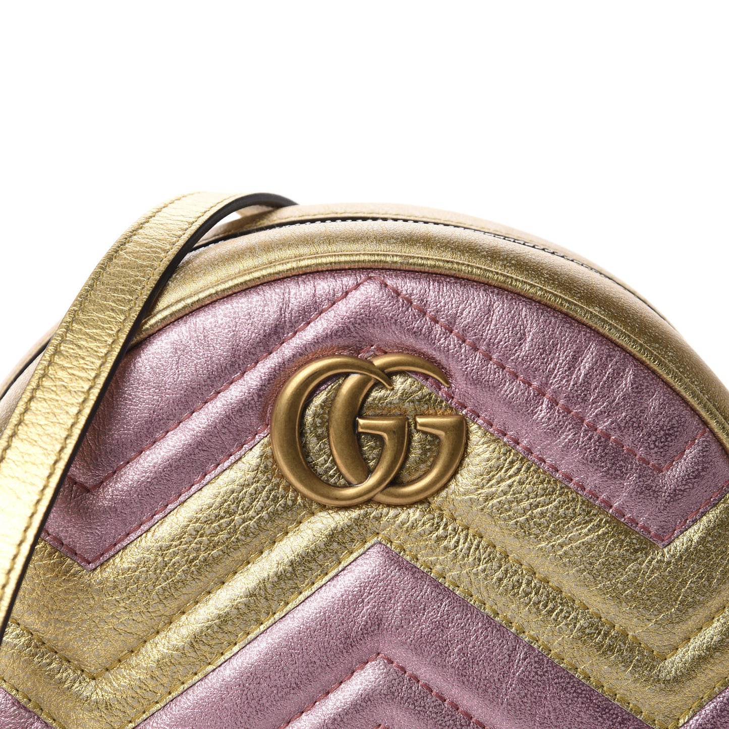Metallic Calfskin Matelasse Mini GG Marmont Round Shoulder Bag Gold Pink
