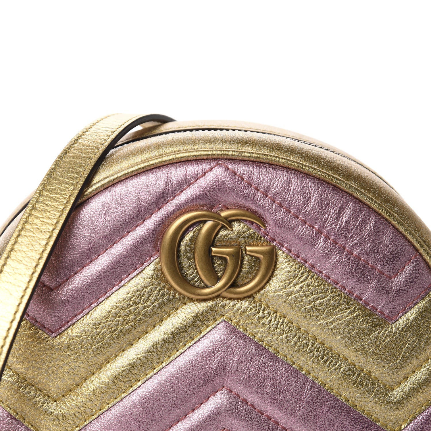 Gucci Metallic Calfskin Matelasse Mini GG Marmont Round Shoulder Bag Gold Pink 10 of 11