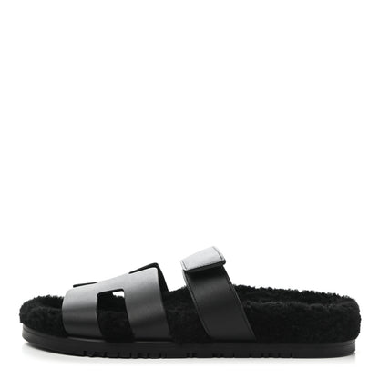 Hermes Calfskin Woolskin Womens Chypre Sandals 39 Black 1 of 9