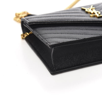 Saint Laurent Grain De Poudre Matelasse Chevron Monogram Envelope Chain Wallet Black 8 of 11