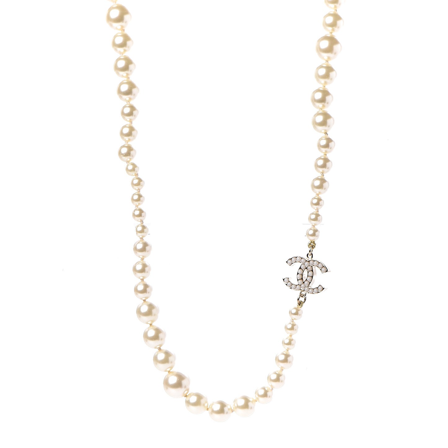 Graduated Pearl CC Long Necklace Light Gold