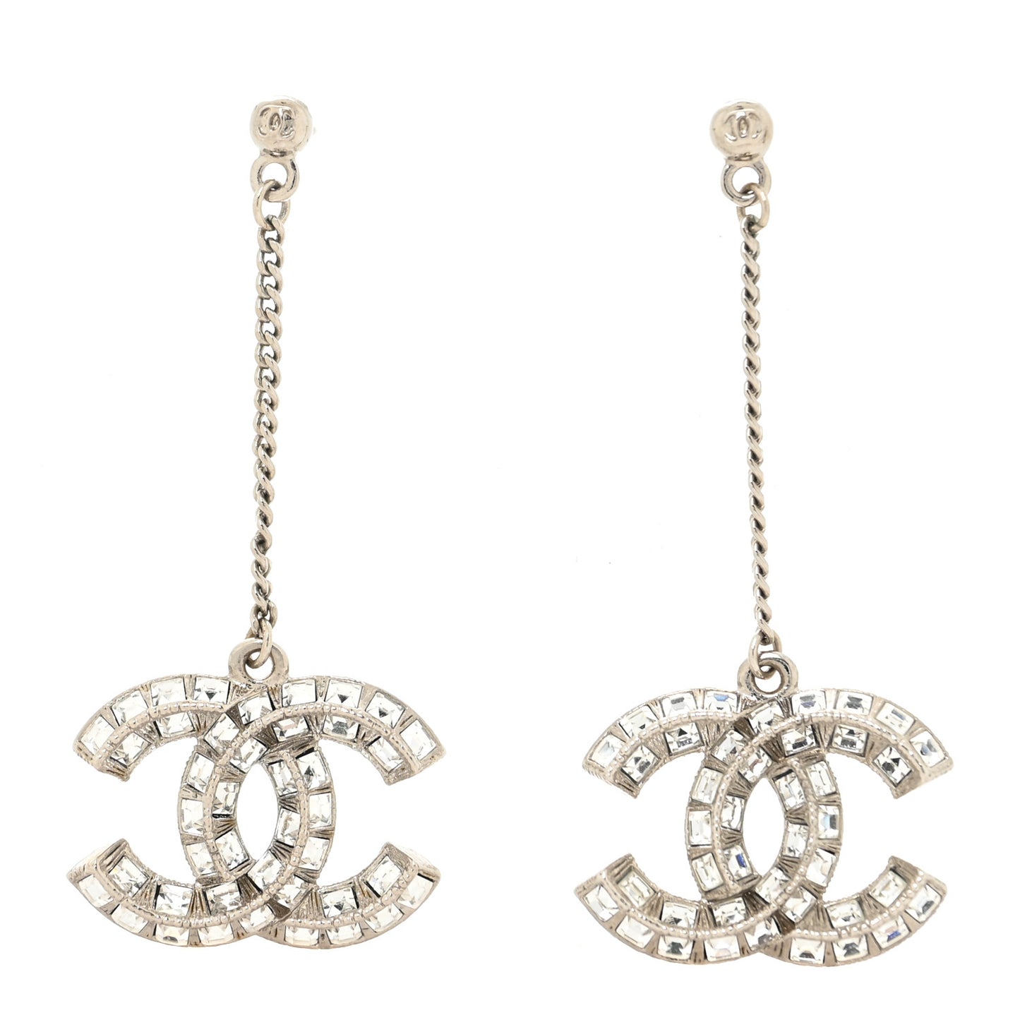 Baguette Crystal CC Drop Earrings Silver