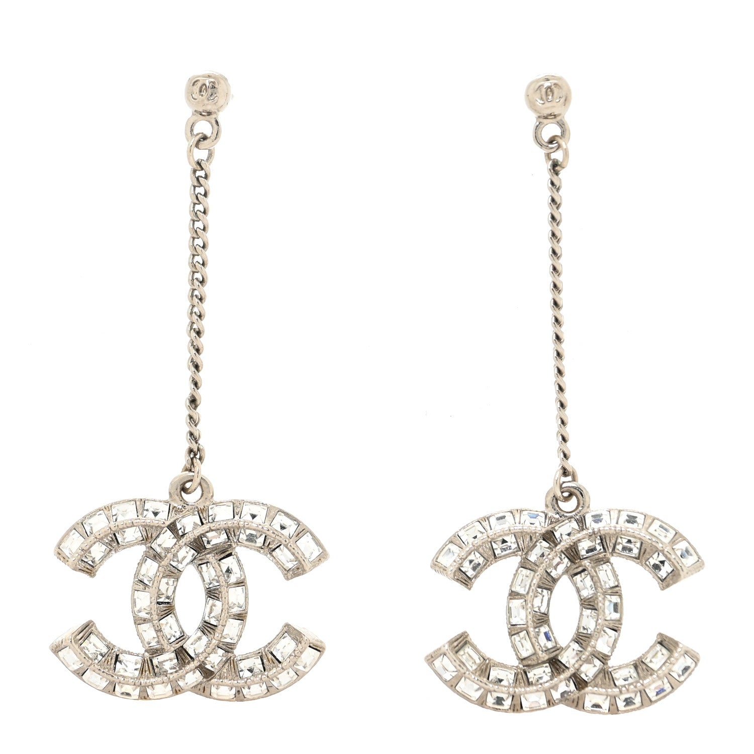 Chanel Baguette Crystal CC Drop Earrings Silver 1 of 4