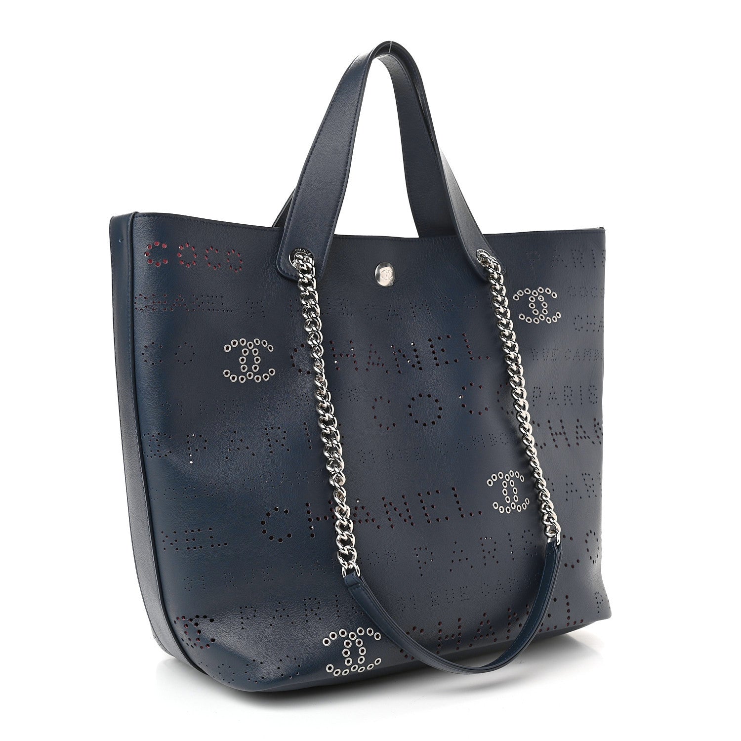 Chanel Calfskin Tweed Small Logo Eyelets Shopping Tote Navy Blue 3 of 9