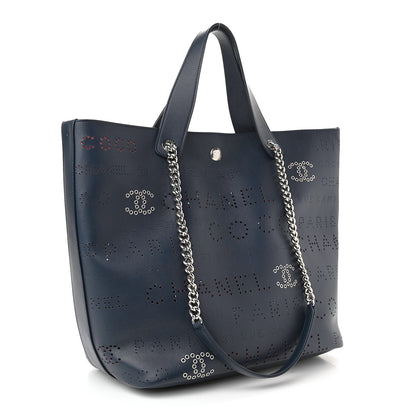 Chanel Calfskin Tweed Small Logo Eyelets Shopping Tote Navy Blue 3 of 9