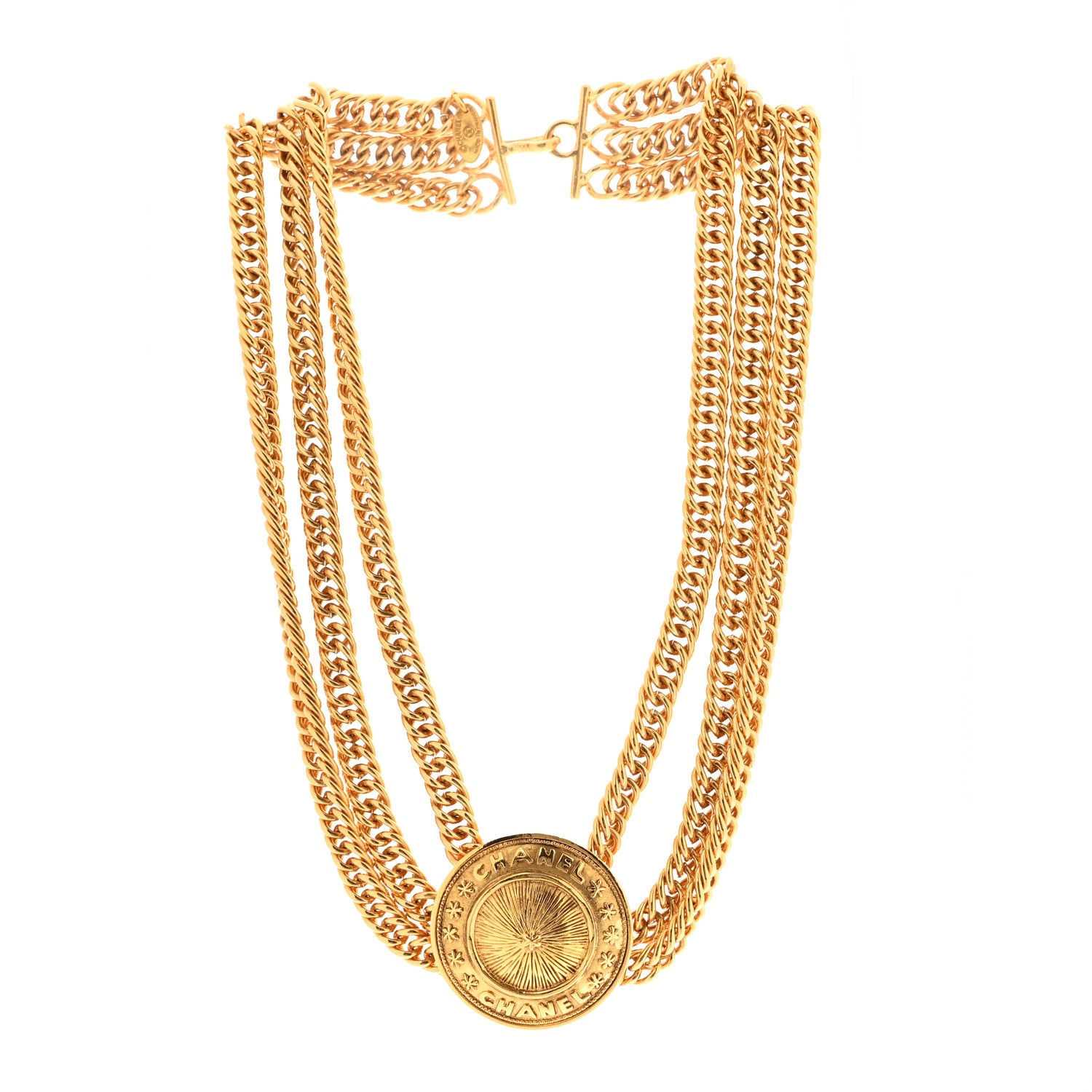 Chanel Chain Link Logo Medallion Triple Strand Choker Necklace Gold 3 of 6