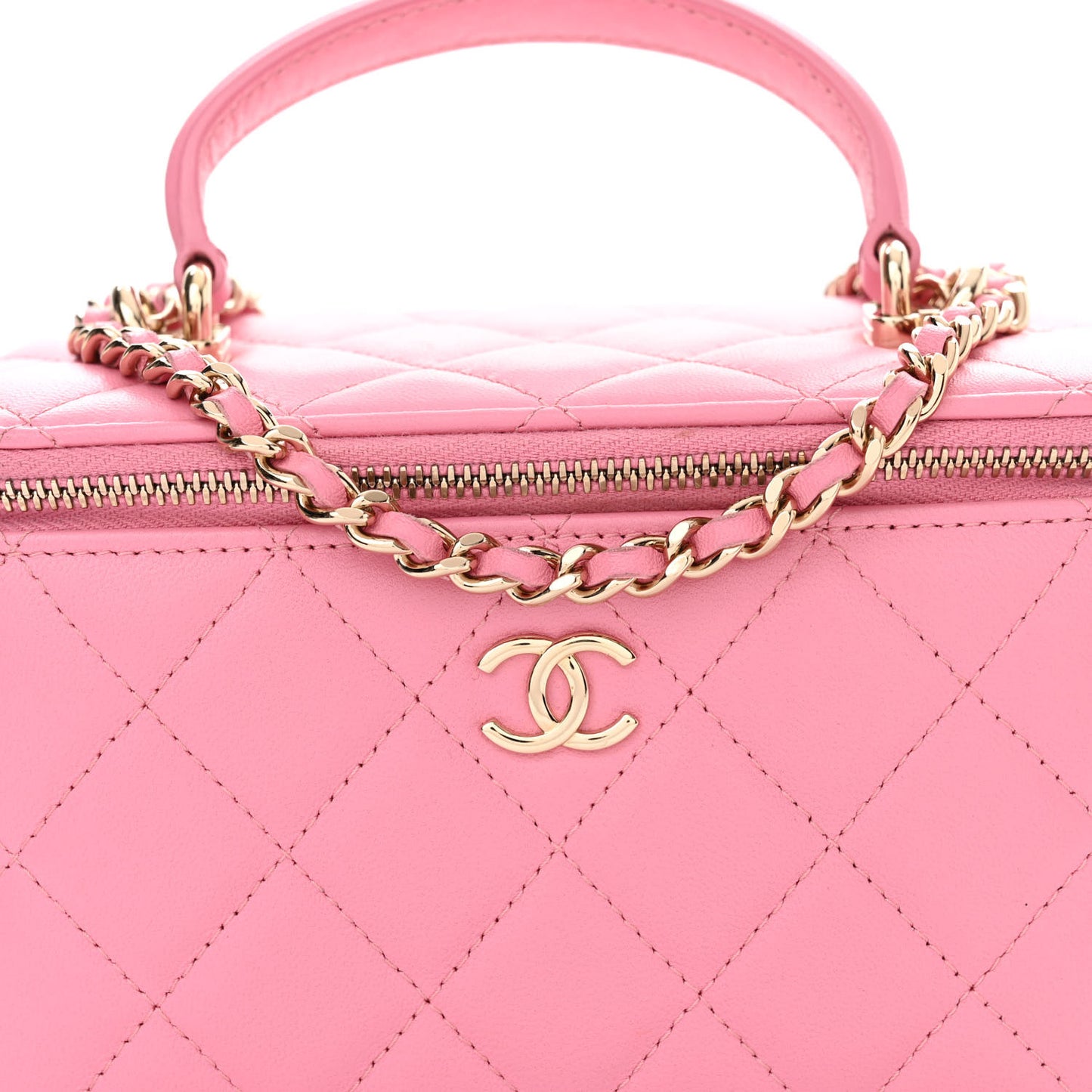 Lambskin Quilted Small Top Handle Vanity Case With Chain Pink