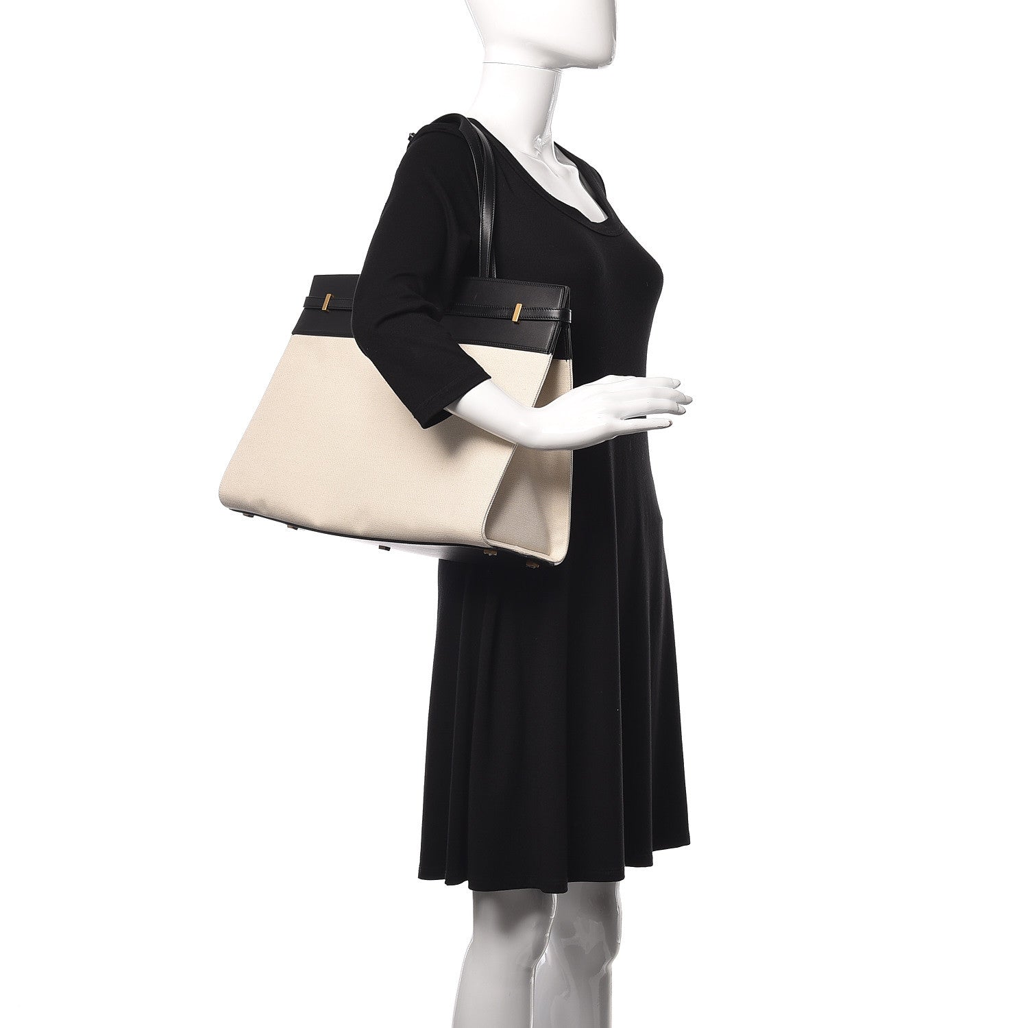 Saint Laurent Canvas Calfskin Medium Manhattan Shopper Tote Natural Black 2 of 9