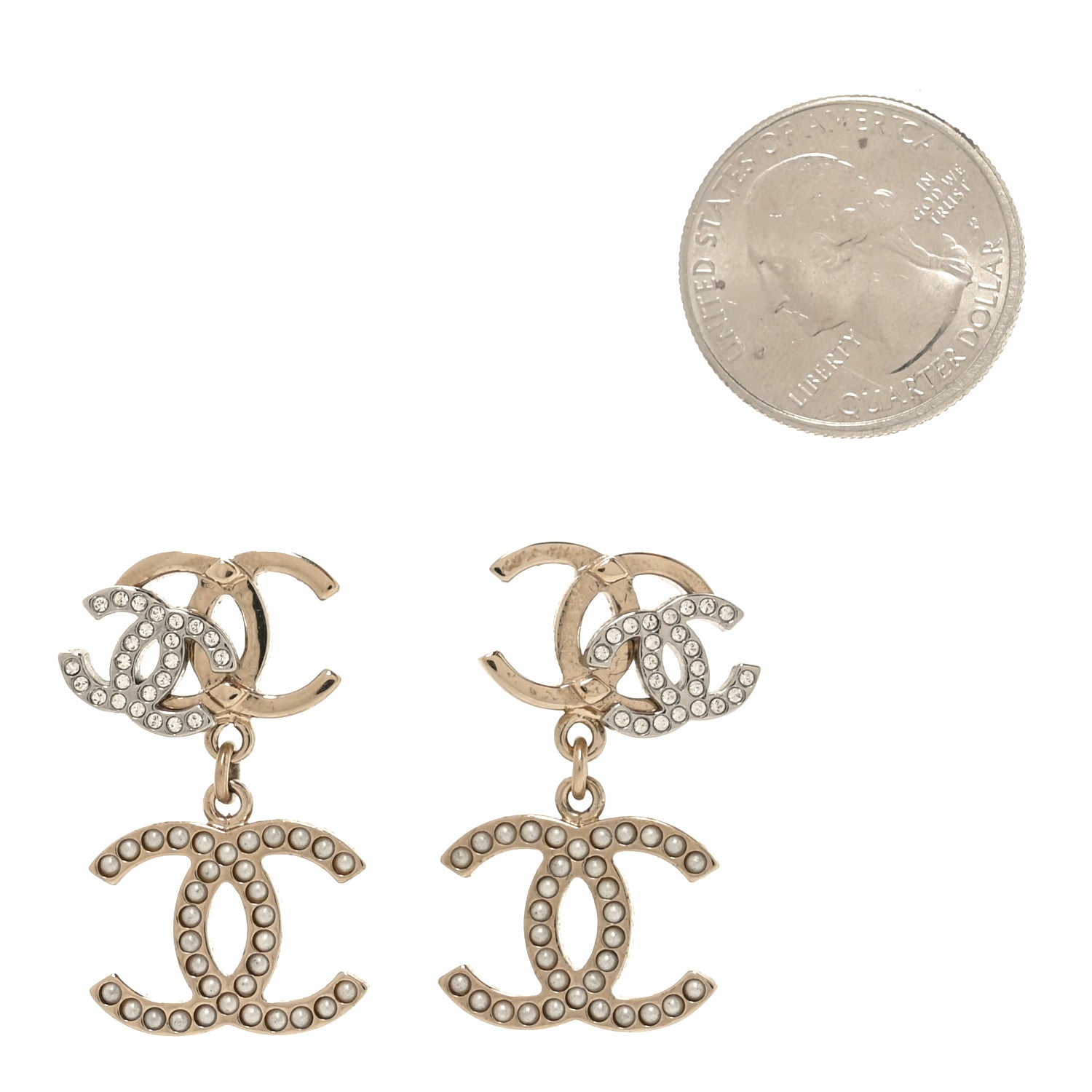 Chanel Crystal Pearl Double CC Drop Earrings Gold Silver 2 of 4