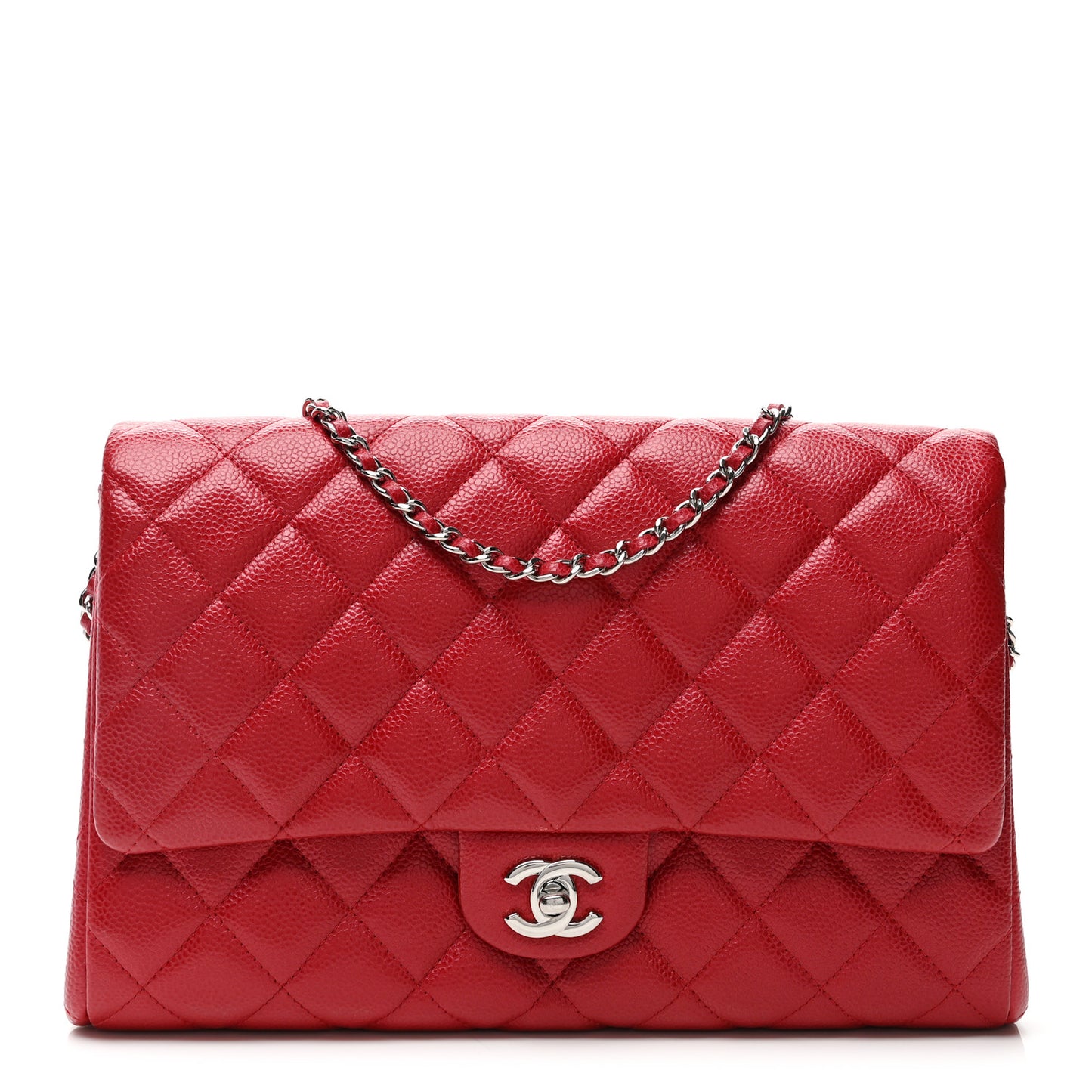 Iridescent Caviar Quilted Clutch With Chain Flap Red