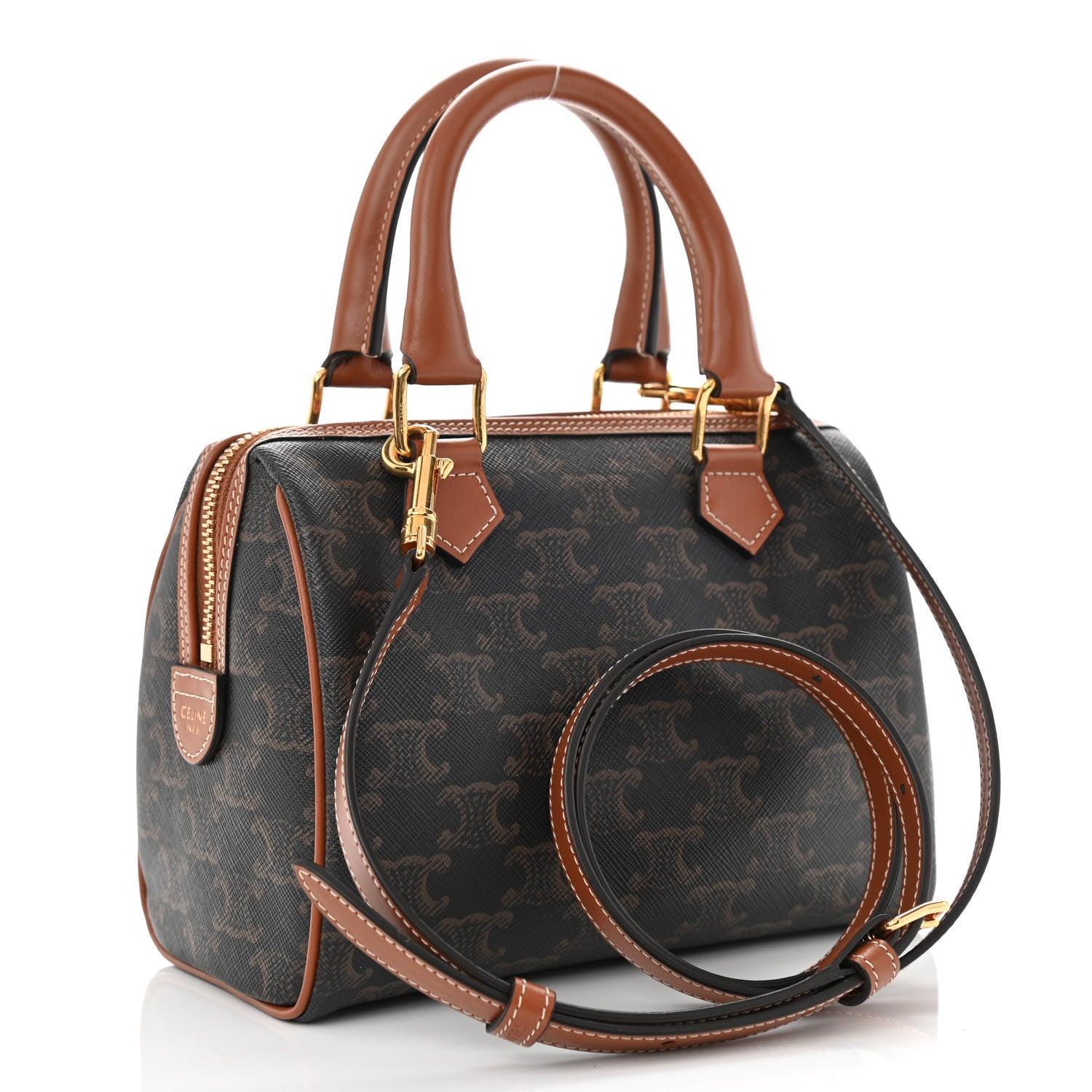 Celine Triomphe Canvas Calfskin Small Boston Bag Tan 3 of 7